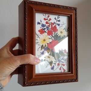 Sankyo Wooden Carved Music Box with Picture Frame Lid